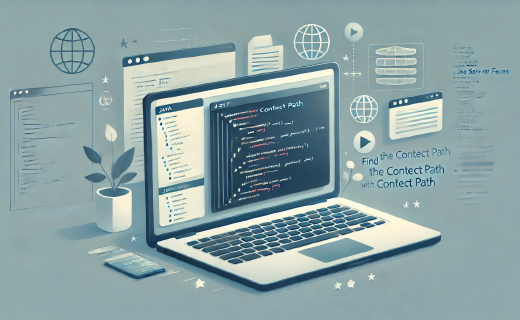 Illustration of a laptop displaying Java code related to finding the context path with JSF, set against a web development-themed background.