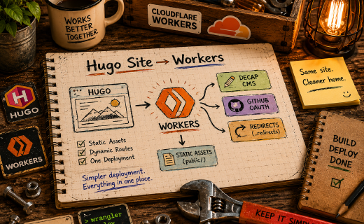 Illustration representing a Hugo website migration from Cloudflare Pages to Cloudflare Workers with Decap CMS and GitHub authentication.