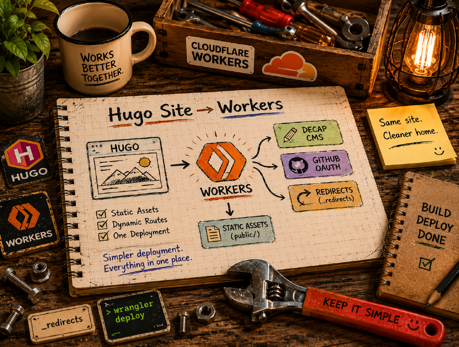 Illustration representing a Hugo website migration from Cloudflare Pages to Cloudflare Workers with Decap CMS and GitHub authentication.