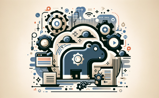 An abstract illustration, featuring a stylized file icons with a mini hippo design prominently displayed.