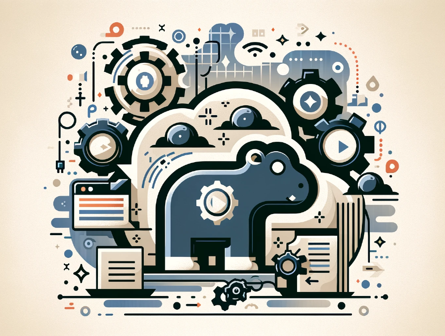 An abstract illustration, featuring a stylized file icons with a mini hippo design prominently displayed.