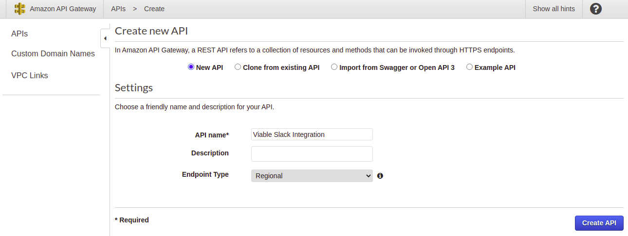 A screen grab of me naming a new instance of an AWS API Gateway. 