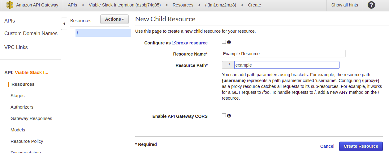 A screen grab of me creating and naming a new resource within the AWS API Gateway instance. 