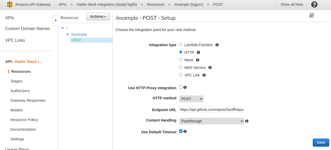A screen grab of me adding a new POST method to the within the AWS API Gateway resource. 