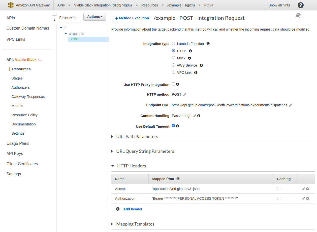 A screen grab of the AWS API Gateway Integration Request view with the Accept and Authorization headers added. 