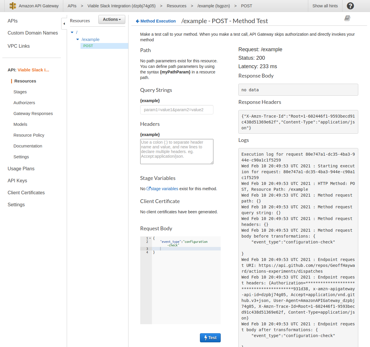 A screen grab of the AWS API Gateway Method Test screen showing success. 