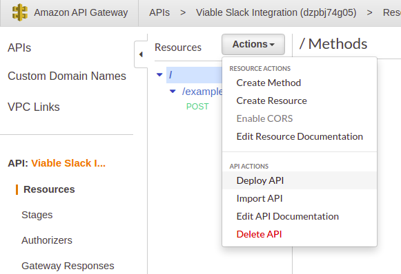 A screen grab demonstrating where on the AWS API Gateway the ‘Deploy API’ menu option is. 