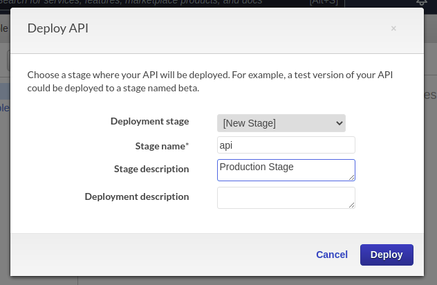 A screen grab demonstrating the set up of a production stage within the AWS API Gateway ‘Deploy API’ modal. 