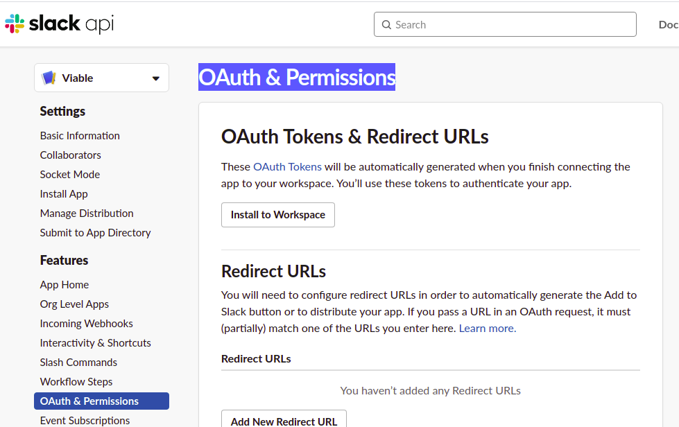 A screen grab of the Slack App OAuth & Permissions page. 