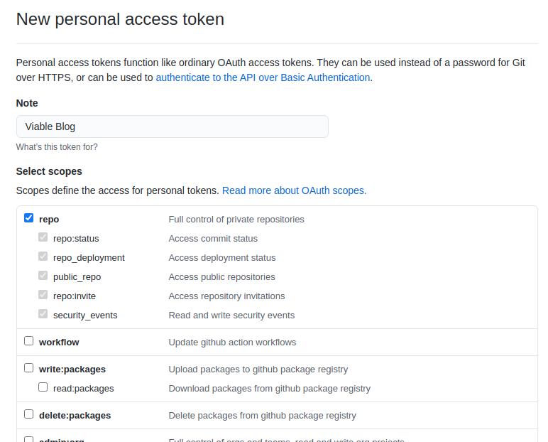 A screen grab of GitHub’s token set up page with only ‘repo’ selected. 