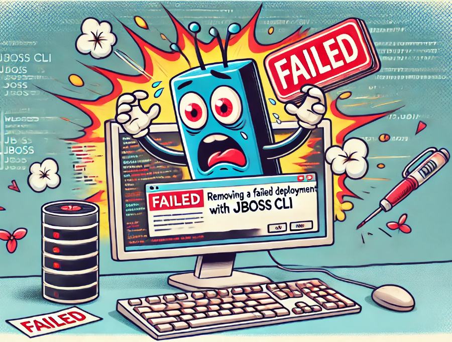 Humorous illustration of a server mascot panicking while removing a failed deployment with JBoss CLI, with error messages flying around.