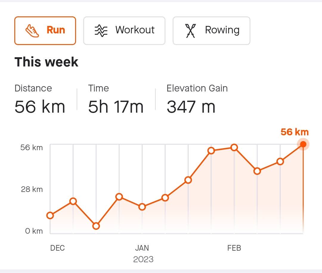 A graph showing week 5 hitting 56 km steadally based on the weeks before. 